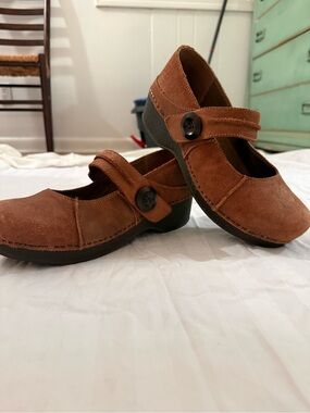 Dansko Brown Suede Mary Jane Clogs with Button Strap
